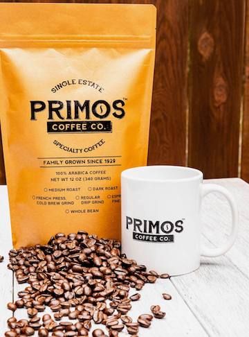 Open image in slideshow, Primos Coffee Company is single estate specialty coffee that has been family grown since 1929. It comes in a 12 ounce resealable bag in either medium roast or dark roast. Beans are freshly roasted to order in small batches. All bags ship free.